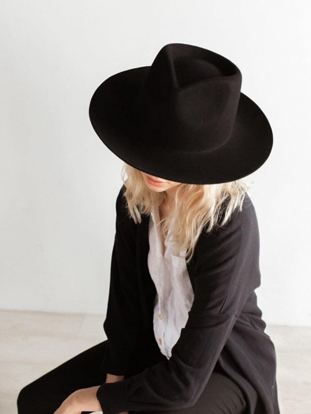 GIGI PIP WESTERN Cowboy Rancher Black Wide-Brim Wool Fedora Hat Medium Rodeo